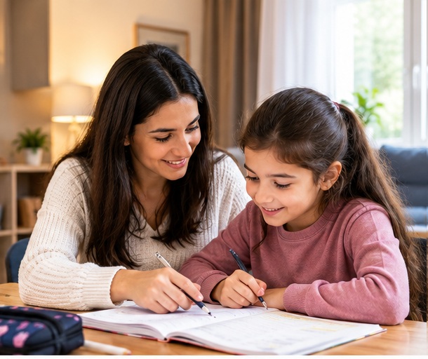 Mutter lernt mit ihrer Tochter zu Hause am Tisch